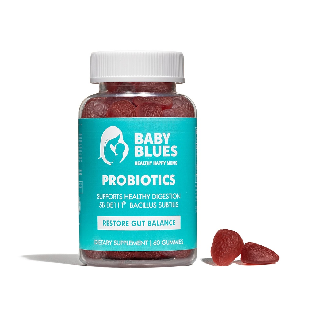 Baby Blues Probiotic Gummies για τις γυναίκες – Βιολογικό άρωμα φράουλας – Gut, ανοσοποιητικό, δέρμα & κολπική υγεία – 5 δισεκατομμύρια CFU DE111® – Vegan ημερήσιο συμπλήρωμα για τις μητέρες – Προ/μεταγεννητική υποστήριξη