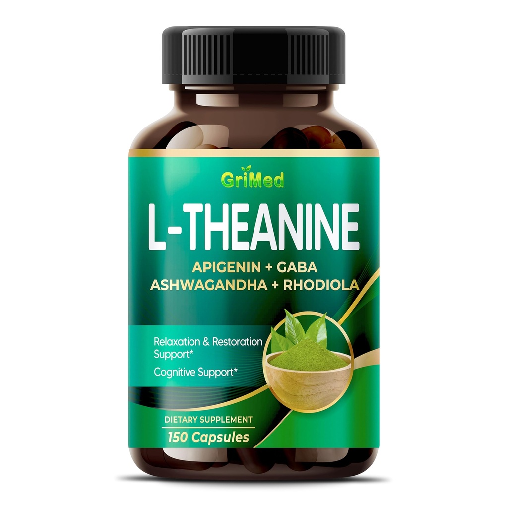 Grimed L-Theanine 11.900mg- X10 Power with Apigenin, GABA Ashwagandha, Rhodiola - Relaxation & Restauration Focus and Memory - Made in USA (150 Count (Pack of 1))