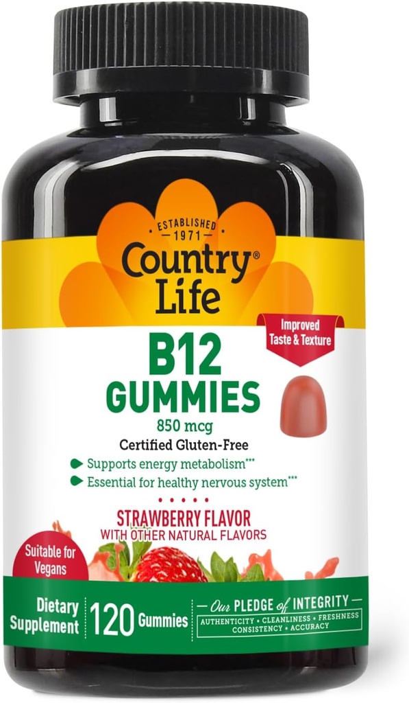 Country Life Vitamin B12 Gummies – 850 mcg Κυανοκοβαλαμίνη, 120 Count – Vegan, Gluten-free Gummy συμπλήρωμα για την ενέργεια Μεταβολισμός & υποστήριξη του νευρικού συστήματος – Φυσικό άρωμα φράουλας, 2g ζάχαρη