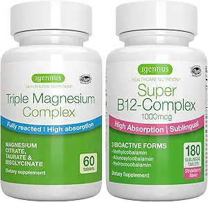 Triple Magnesium Complex + Super B12-Complex Energy Bundle, High Absorption Chelated Glycinate, Taurate & Citrate Magnesium + High Absorption Sublingual B12, Vegan, by Igennus