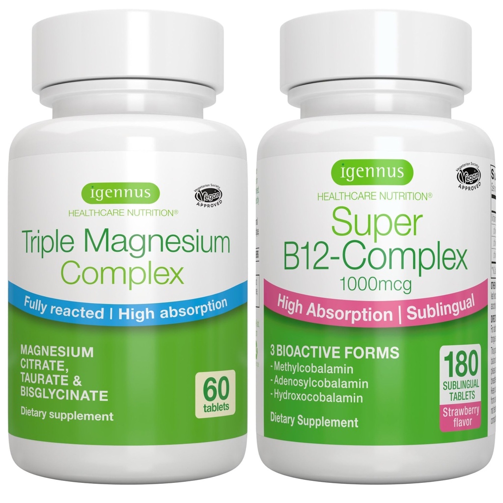 Triple Magnesium Complex + Super B12-Complex Energy Bundle, High Absorption Chelated Glycinate, Taurate & Citrate Magnesium + High Absorption Sublingual B12, Vegan, by Igennus