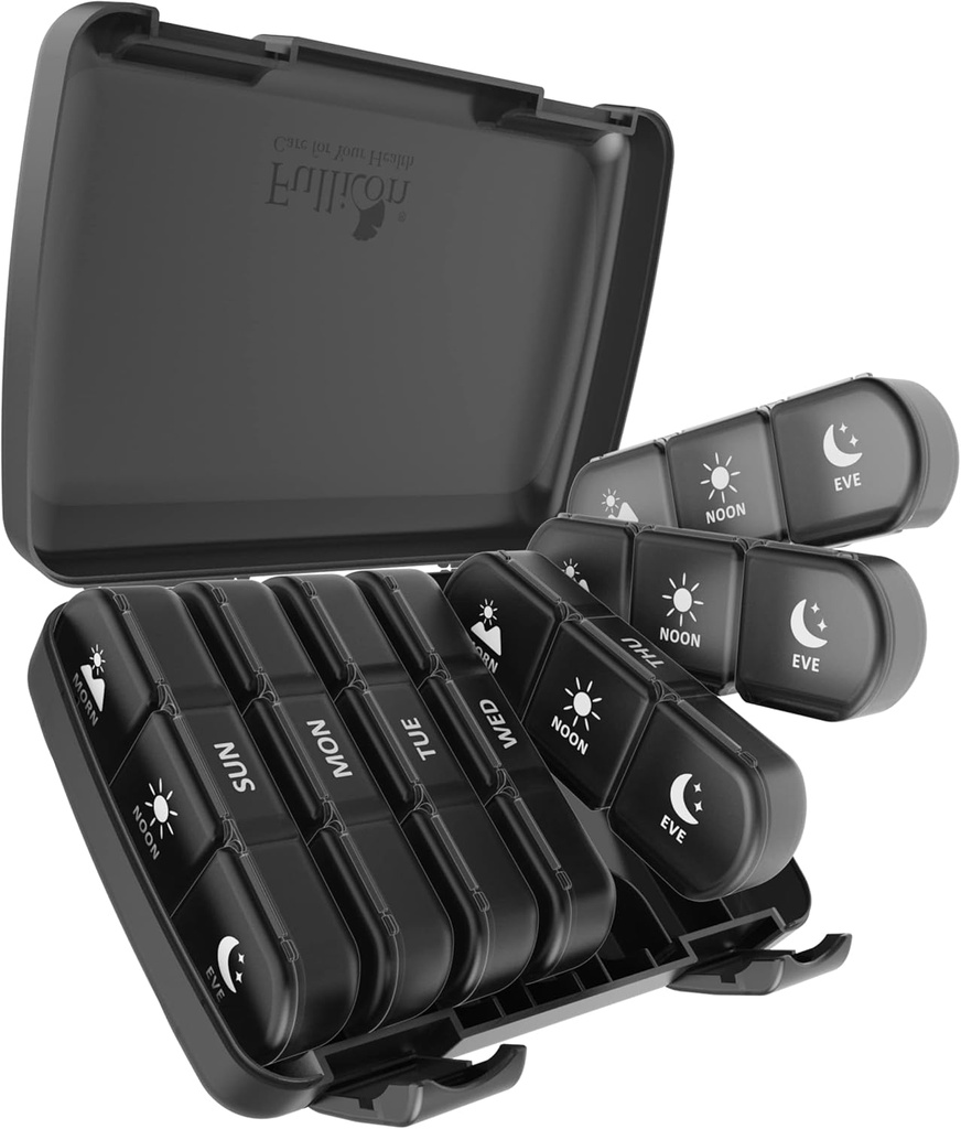 Pill Organizer 3 φορές την ημέρα, Fullicon Μεγάλη Εβδομαδιαία Υπόθεση Χάπια 7 ημέρα, Καθημερινή κουτί Χάπια με 21 διαμερίσματα, Χάπια θήκη συμπλήρωμα για χάπια / Vitamin / Fish Oil - Μαύρο