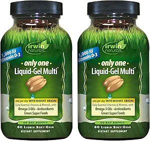 Irwin Naturals Only One Liquid-Gel Multi Without Iron - 60 Liquid Soft-Gels, Pack of 2 - Omega-3 Oils, Antioxidants & Green Super Foods - 120 Total Servings