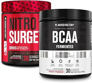 Jacked Factory Nitrosurge Shred Θερμογόνο Προ-Γυμνασία σε Καρπούζι & BCAA σε Punch Φρούτων για Ανασύνθεση Σώματος, Μυϊκό Κτίριο και Ανάκτηση