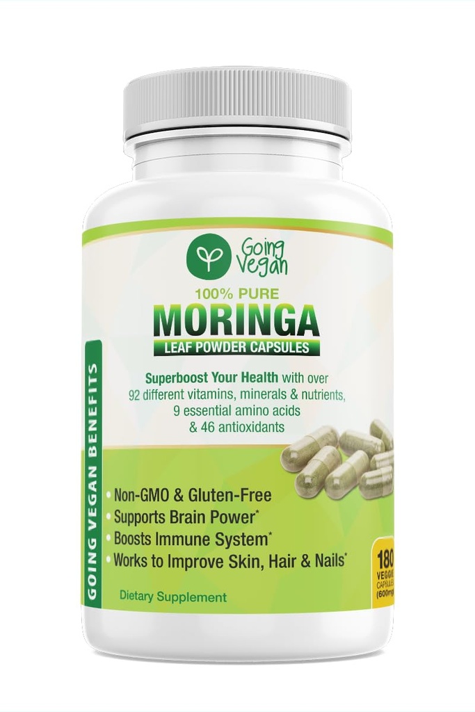 Moringa Κάψουλες, 180 Vegan Pure Oleifera Leaf Powder Pills, 1200mg ανά υπηρεσία, μη ΓΤΟ και χωρίς γλουτένη συμπλήρωμα, 3 Μήνες προσφοράς, υποστήριξη ανοσοποιητικού συστήματος, Μεταβολισμός και ενίσχυση ενέργειας
