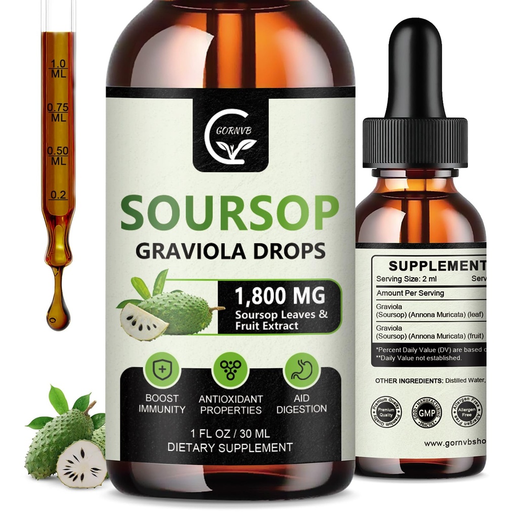 (2 Pack) Soursop Graviola Υγρές σταγόνες 1800mg, 98% Απορρόφηση Soursop Bitters Υγρό για την υποστήριξη & αναγέννηση κυττάρων, ανοσοενίσχυση, χαλάρωση, συκώτι και ύπνο, βοτανική καλοσύνη, χωρίς γλουτένη, 1 Fl Oz