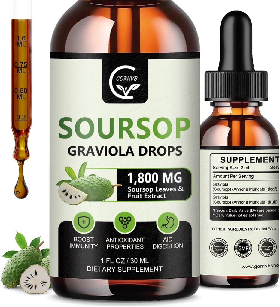 (2 Pack) Soursop Graviola Liquid Drops 1800mg, 98% Absorption Soursop Bitters Liquid for Cell Support & Regeneration, Immune Boost, Relax, Liver and Sleep, Herbal Goodness, Gluten Free, 1 Fl Oz