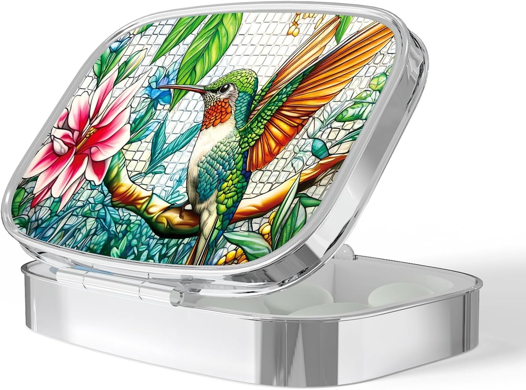 Pill Box-2 Compartment Small Pill Case Portable for Pocket & Purse Single Pill Carrier Pill Container to Hold Vitamins Medication Fish Oil and Supplements BPA-Free(Hummingbird)