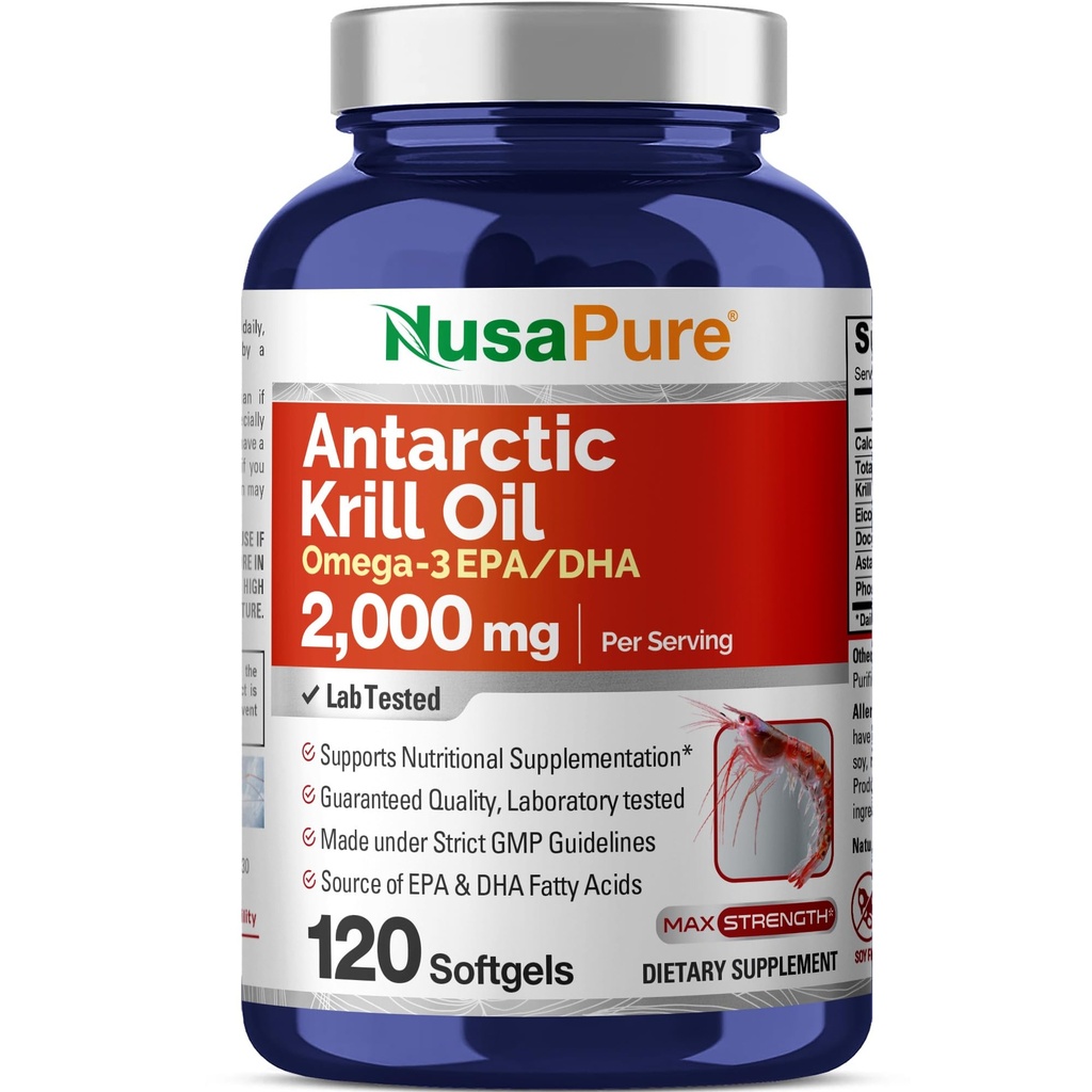 NusaPure Antarctic Krill Oil 2000 mg 120 Softgels, Omega-3 EPA 360mg, DHA 240mg, συμπλήρωμα ασταξανθίνης χωρίς σόγια που προέρχεται από Krill 800ppm