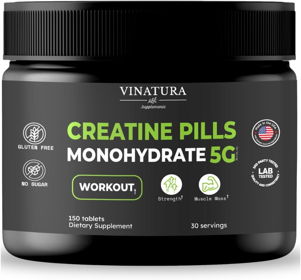 VINATURA Creatine Monohydrate Pills 5g - creatine Tablets, creatine Pills for Men, Women, creatina en capsulas *USA Made & Tested* Unflavored, creatine monohydrate Powder alt, 150 Tablets 30 Servings