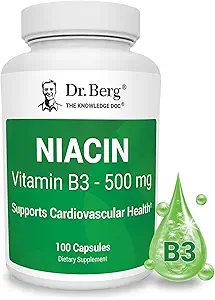 Dr. Berg Niacin 500mg με Flushing για την υγεία της καρδιάς και την ενεργειακή υποστήριξη* - 100-Day Supply Vitamin B3 Niacin από τον Dr. Berg Προτεινόμενο Νικοτινικό οξύ - 100 Κάψουλες