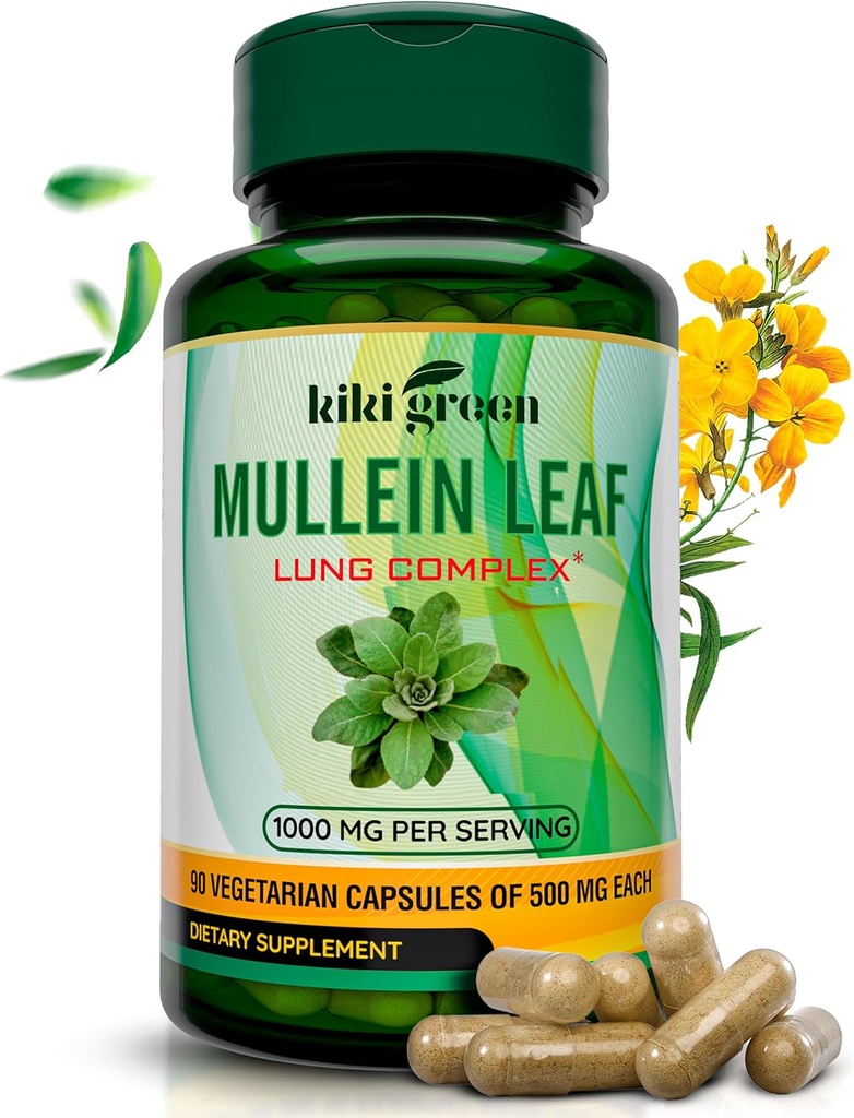 KIKI Green Mullein Leaf Extract Κάψουλες - Vegan Herbal Supplement - για τον καθαρισμό πνεύμονα, υποστήριξη, καλύτερη αναπνευστική λειτουργία, ανοσοποιητική λειτουργία - 1000mg 45 Servings - 90 Count