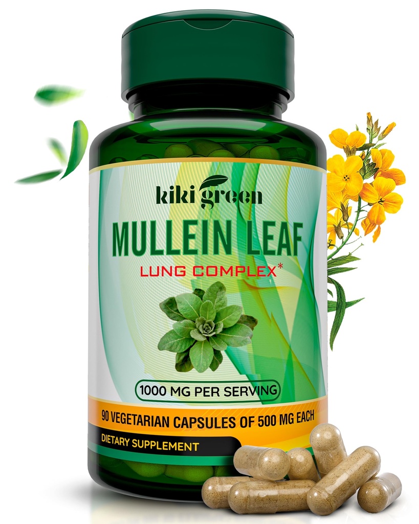 KIKI Green Mullein Leaf Extract Κάψουλες - Vegan Herbal Supplement - για τον καθαρισμό πνεύμονα, υποστήριξη, καλύτερη αναπνευστική λειτουργία, ανοσοποιητική λειτουργία - 1000mg 45 Servings - 90 Count