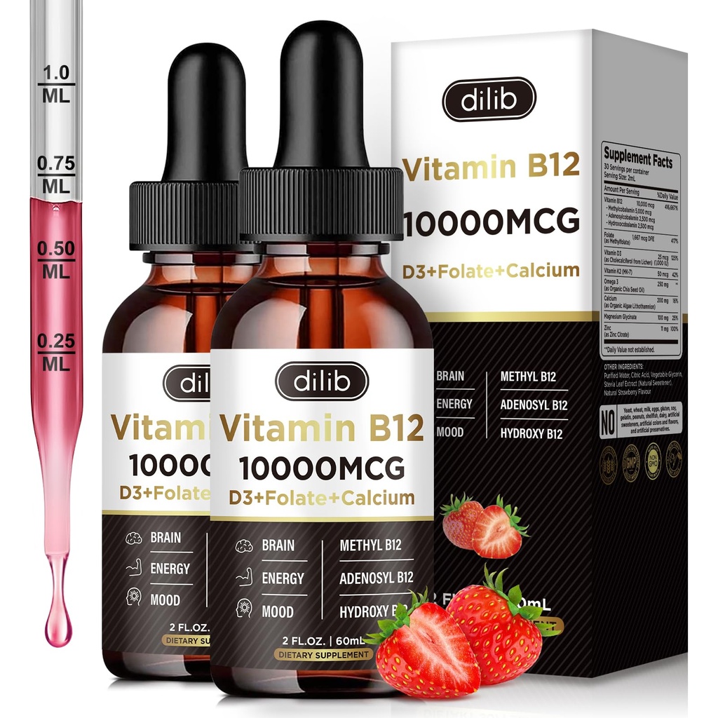 Βιταμίνη Β12 Υγρές σταγόνες Υπογλώσσια 10000 mcg, τριπλό B-12 Complex συμπλήρωμα, Methyl & Methylcobalamin Blend για γυναίκες & άνδρες, Mood & Energy Booster, Μεταβολισμός & Υποστήριξη Υγείας, 2 Πακέτο