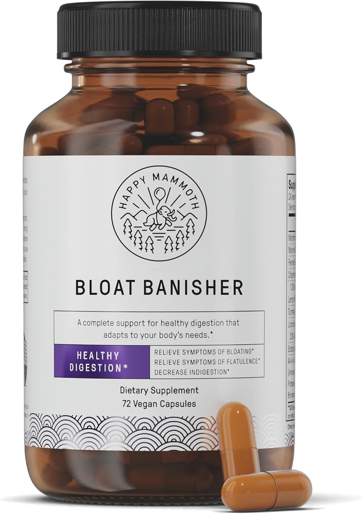 Happy Mammoth Bloat Banisher Natural Relief for Bloating, Αέριο, Δυσπεψία & Δυσφορία. Προωθεί την υγιεινή πέψη ακόμα και των δύσκολων τροφίμων όπως τα γαλακτοκομικά, τα ψωμιά, η πίτσα, το τυρί και τα κρέατα. 72 Caps