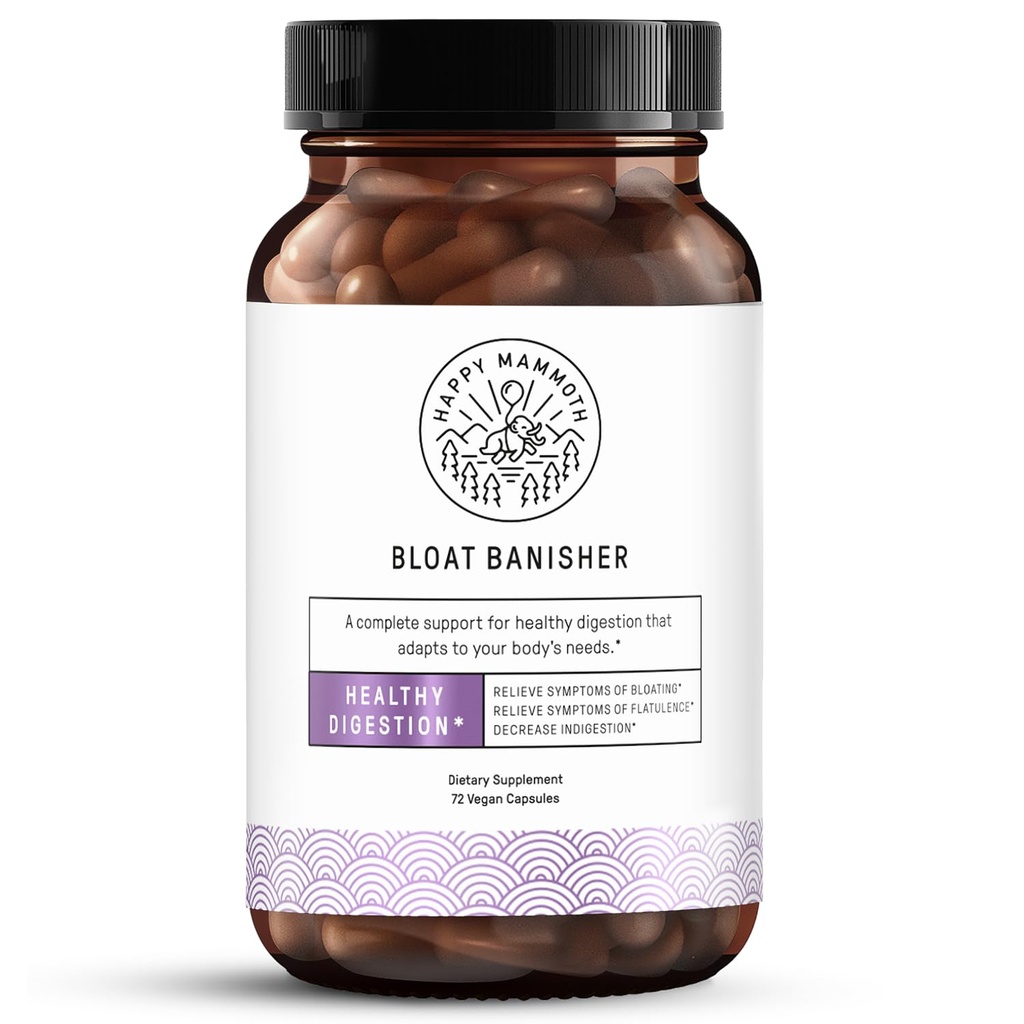 Happy Mammoth Bloat Banisher Natural Relief for Bloating, Αέριο, Δυσπεψία & Δυσφορία. Προωθεί την υγιεινή πέψη ακόμα και των δύσκολων τροφίμων όπως τα γαλακτοκομικά, τα ψωμιά, η πίτσα, το τυρί και τα κρέατα. 72 Caps