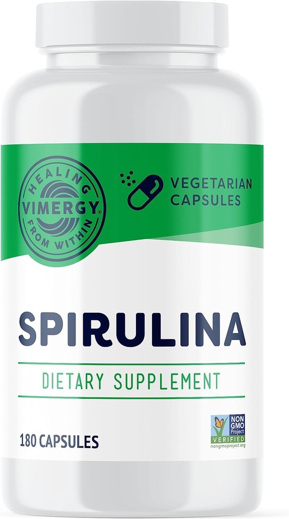 Κάψουλες Vimergy Spirulina – Συμπυκνωμένη πρωτεΐνη φυτών Υποστηρίζει την Ανοσοποιητική Υγεία & Καρδιαγγειακή Λειτουργία – Vegan, Kosher, Gluten-free – 180 κάψουλες
