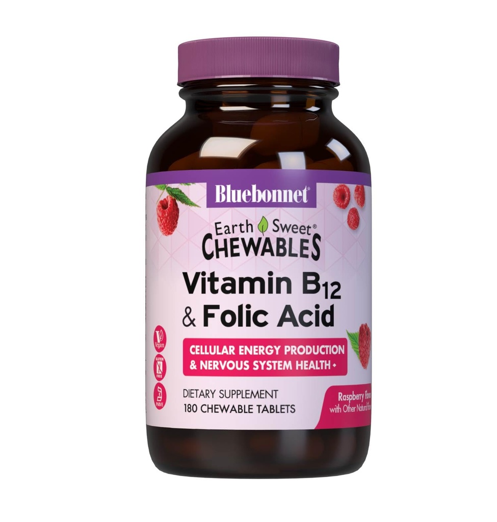 Bluebonnet Διατροφή Γη Γλυκή βιταμίνη B12 1000 mcg & Φολικό οξύ 400mcg Εγκεφαλική Υγεία & Ενέργεια* Βιταμίνες για γυναίκες & άνδρες - Vegan, χωρίς γλουτένη Β 12 Βιταμίνη - 180 Μασώμενα δισκία