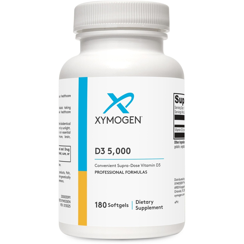 XYMOGEN D3 5000 - Bioavailable Vitamin D3 5000 IU (125 mcg) - High Strength Vitamin D Supplement for Immune Bone & Heart Health Support - 180 Softgels