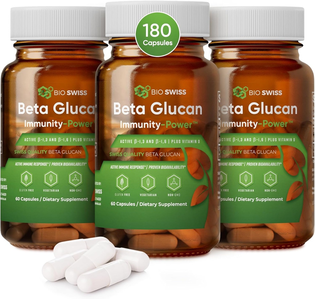 Bio Swiss Beta Glucan Immunity Power - 1,3D-1,6D Glucan με βιταμίνη D - συμπλήρωμα υποστήριξης ανοσοποιητικών για ενισχυμένη άμυνα και ευεξία - Vegan, χωρίς γλουτένη (180 κάψουλες)