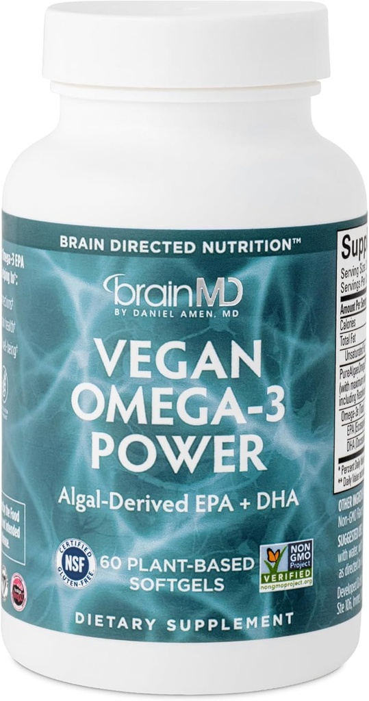 BRAINMD Dr Amen Vegan Omega-3 Power - 60 Plant-based Softgels - 1.100 mg EPA & DHA - Υποστηρίζει Εστίαση, Μνήμη & Καρδιά Υγεία - Vegan, Χωρίς Γλουτένη & Μη ΓΤΟ - 30 Υπηρεσίες