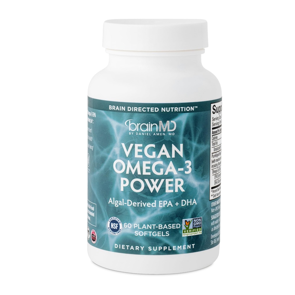BRAINMD Dr Amen Vegan Omega-3 Power - 60 Plant-based Softgels - 1.100 mg EPA & DHA - Υποστηρίζει Εστίαση, Μνήμη & Καρδιά Υγεία - Vegan, Χωρίς Γλουτένη & Μη ΓΤΟ - 30 Υπηρεσίες