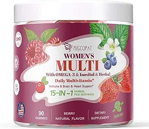 Multivitamin for Women, Womens Multivitamin Gummy w/Omega-3, Inositol, Folate, Biotin, Vitamins A, C, D3, E, B12 for Heart, Brain, Hair, Energy & Immune, Sugar-Free Gummies, Berry Flavor, 90 Cts