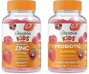 Lifeable Zinc 25mg Kids + Probiotics 5 Billion Kids, Gummies Bundle - Great Tasting, Vitamin Supplement, Gluten Free, GMO Free, Chewable Gummy