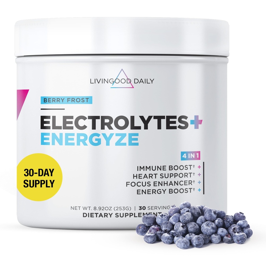 Livingood Daily Electrolytes Powder Berry Frost, 30 Servings - 4in1 Hydration Powder with Vitamin C, Taurine, D Ribose & FOS, Sugar Free Electrolyte Drink Mix, Keto, Gluten Free - Made in USA