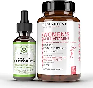 Benevolent Chlorophyll Liquid Drops & Women's Multivitamin - 100% Natural + 4X Potency Concentration for Healthy Skin & Internal Deodorant - Daily Vitamins for Women with Biotin, Calcium, Magnesium