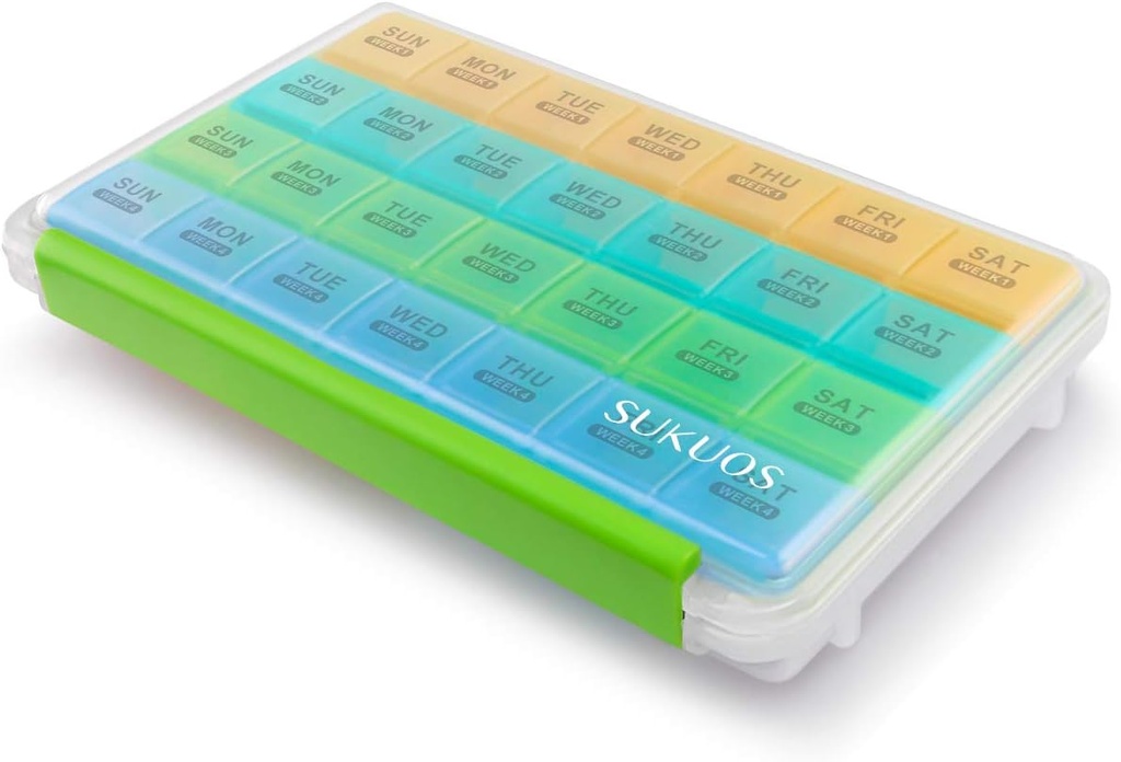 Sukuos Monthly Pill Organizer 28 Ημέρα εύκολο να ανοίξει, μεγάλες περιπτώσεις Moisture-Resistant Pill Box με το κουτί σκόνη-προϊόντα και σαφές Lid για βιταμίνη / Fish Oil / Συμπληρωματικά