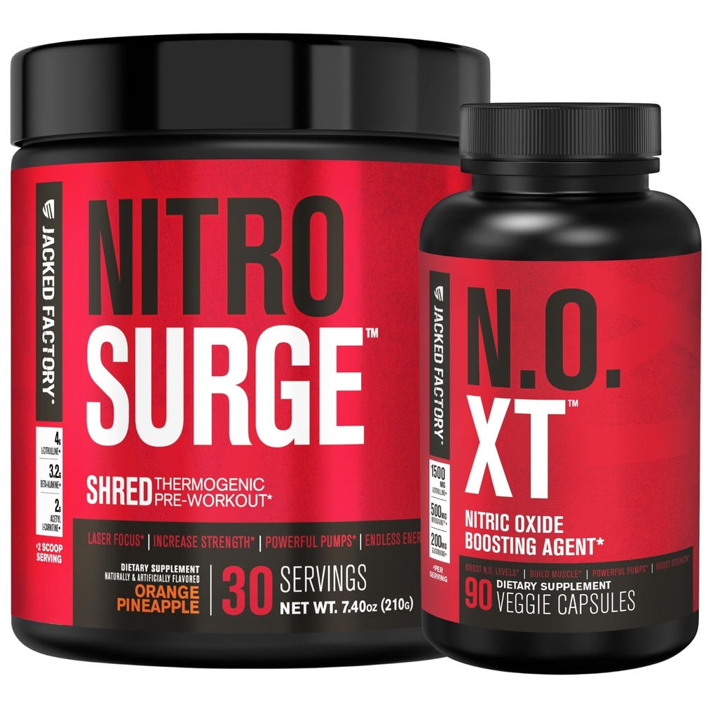 Jacked Factory Nitrosurge Shred Θερμογόνο προ-εξάσκηση σε πορτοκαλί ανανά & N.O. XT Nitric Oxide Booster για άνδρες και γυναίκες