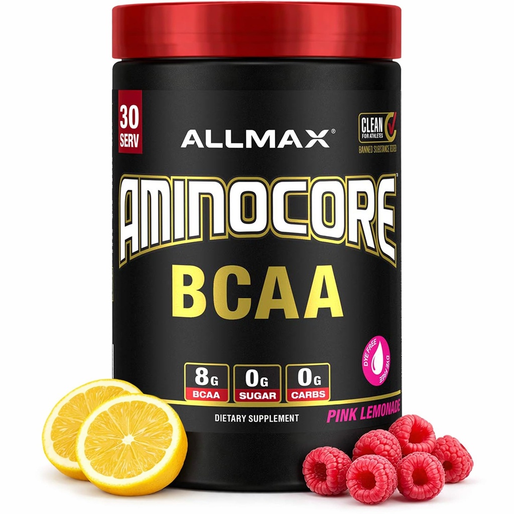 ALLMAX Διατροφή AMINOCORE BCAA – 8G BCAAs – 100% καθαρός κλάδος αλυσοδεμένα αμινοξέα – Χωρίς γλουτένη - ροζ λεμονάδα - 315 γραμμάρια