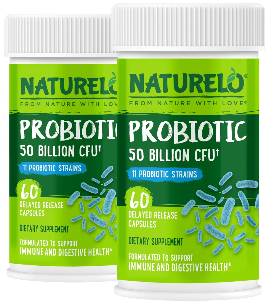 NATURELO Probiotics for Digestive Health - 50 Billion CFU, 11 Strains, Daily Use Supplement - Ενισχύει το ανοσοποιητικό σύστημα, Καθυστερημένη απελευθέρωση, No-Fridge, 60 κάψουλες χορτοφάγων (Pack of 2)