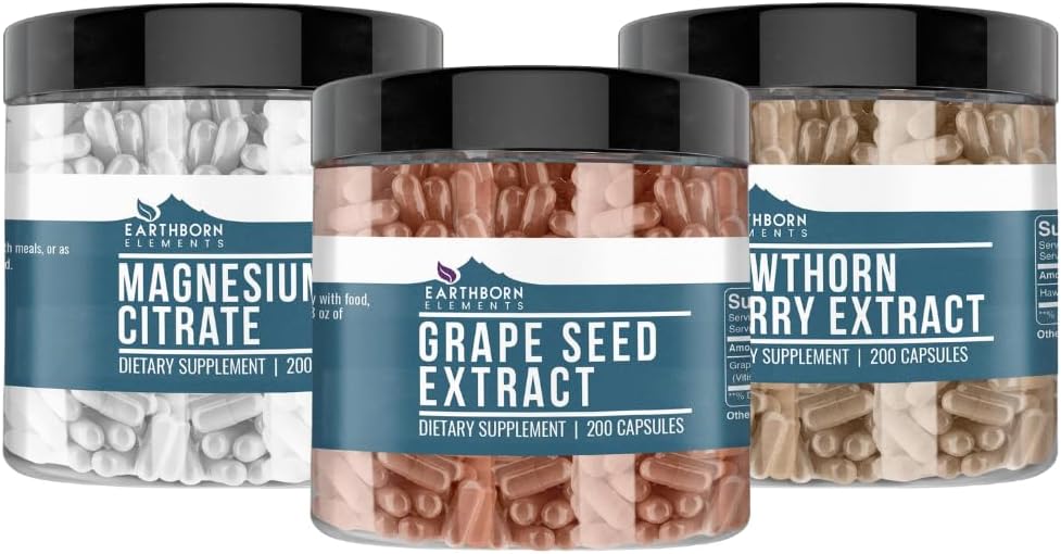 Earthborn Elements Hawthorn Berry, Grape Seed, & Magnesium Citrate Bundle (200 caps), Pure & Undiluted, Χωρίς Πρόσθετα