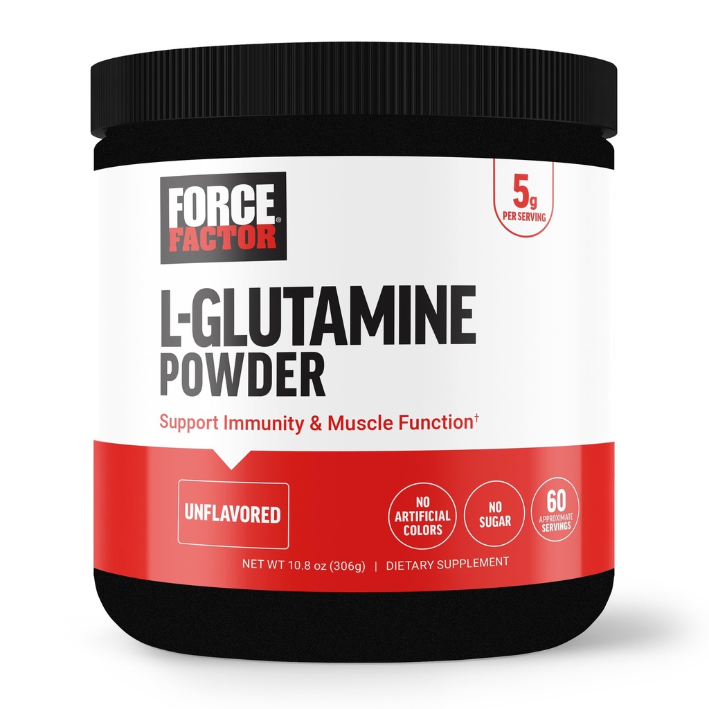 FORCE FACTOR L-Glutamine σκόνη για την αποκατάσταση μετά την προπόνηση, την αποκατάσταση των μυών, υγιής λειτουργία μυών, και ανοσία, 5000mg/5g συμπλήρωμα γλουταμίνης, Vegan, μη ΓΤΟ, 60 εξυπηρετούν