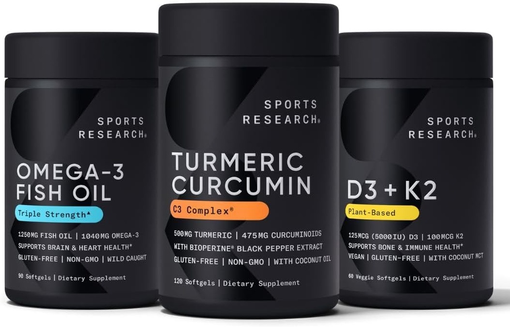 Sports Research Wild Alaskan Pollock Omega 3 Fish Oil 90 Softgels (1250 mg), Turmeric Curcumin C3 Complex (120 Softgels) και Vegan 5000 IU Vitamin D + 100mcg Mk7 Vitamin K (60 Softgels)