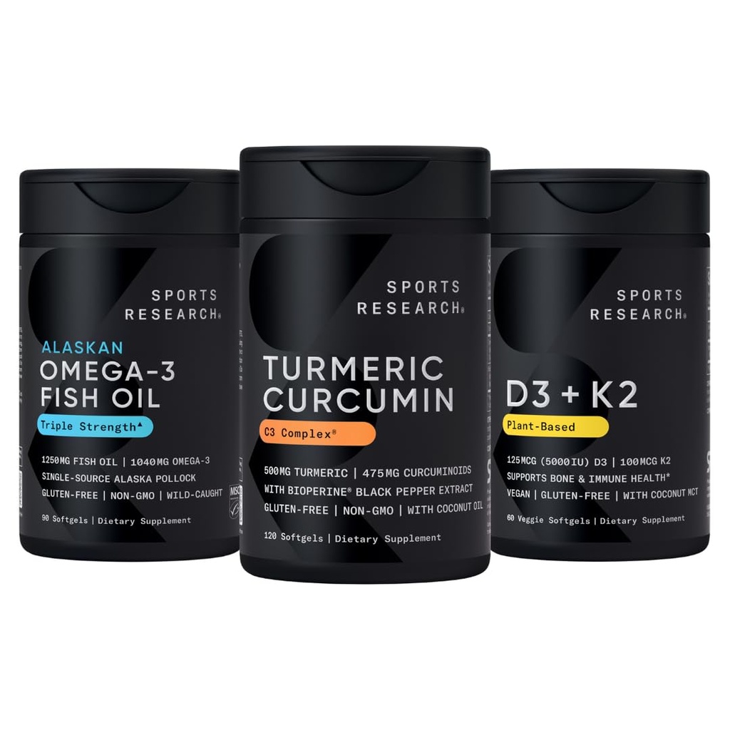 Sports Research Wild Alaskan Pollock Omega 3 Fish Oil 90 Softgels (1250 mg), Turmeric Curcumin C3 Complex (120 Softgels) και Vegan 5000 IU Vitamin D + 100mcg Mk7 Vitamin K (60 Softgels)