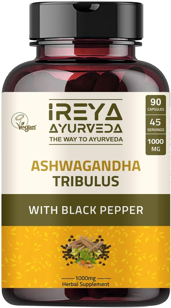 Aswagandha κάψουλες οργανικά 1000mg (90 κάψουλες) Φτιαγμένα με Tribulus Terrestris, Shatavari και Black Pepper βιολογικά συστατικά 