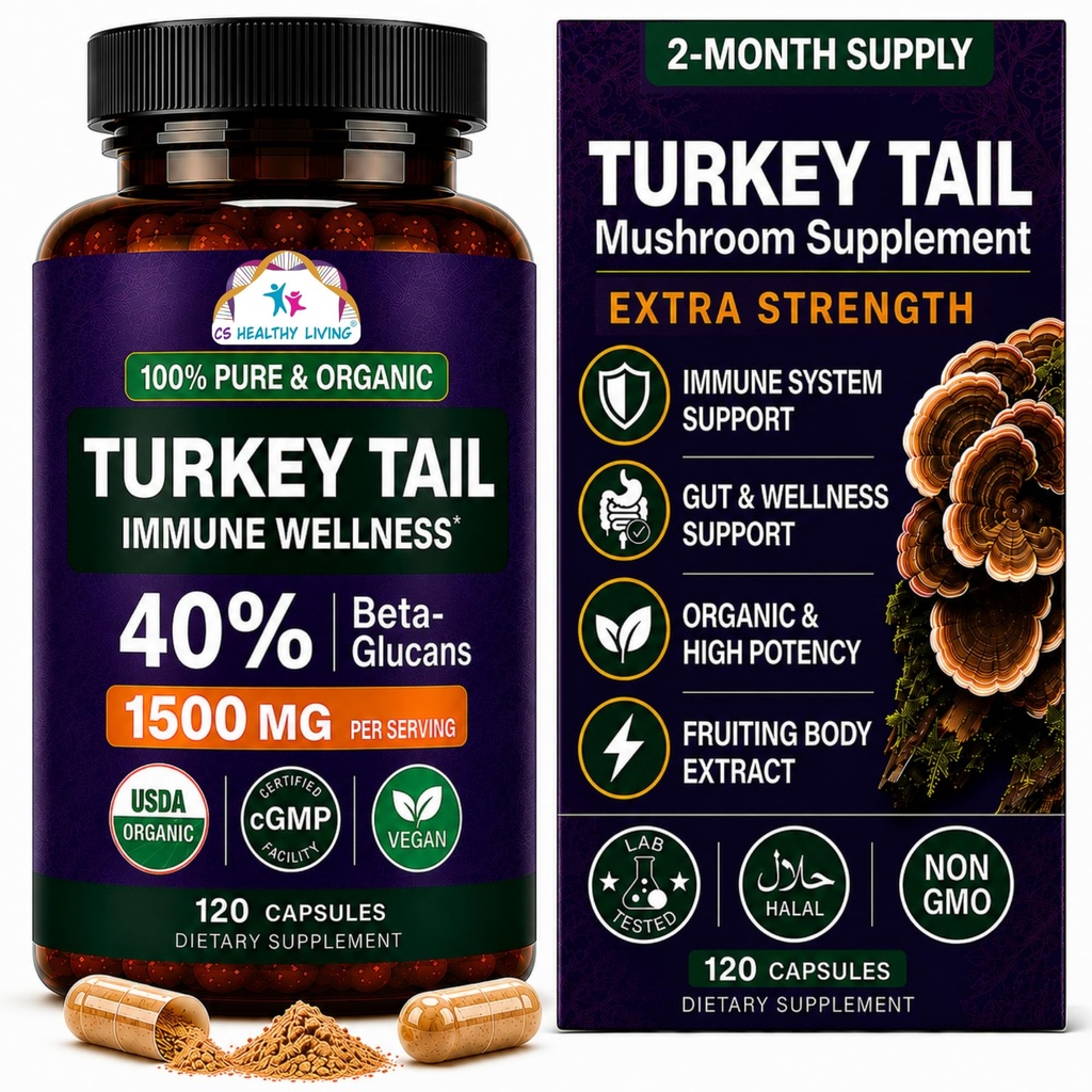 CANCER ΕΠΙΣΤΗΜΟΝΕΣ Turkey Tail Wellness Mushrooms Supplement, USDA Certified Organic Extract, Extra Strength 1.500 mg, Υψηλή ισχύς 40% Beta-Glucans, Gut & Immune Support, Natural Digestive, 120 κάψουλες