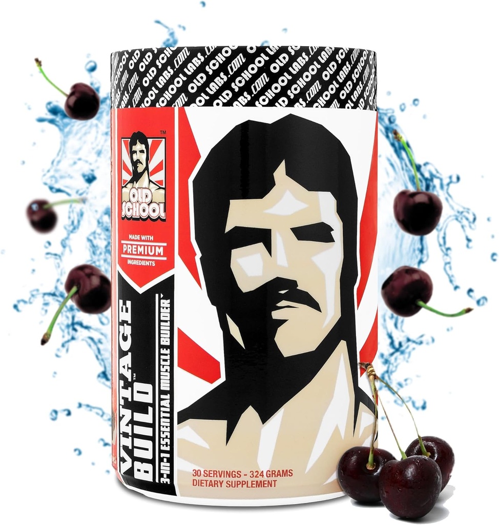 Vintage Build – Post Processout Recovery & Muscle Building Powder Drink for Muscle Strength & Growth - Μειώνει τη λύπη – Creatine Monohydrate, BCAAs, L-Glutamine – Black Cherry Flavor – 324g