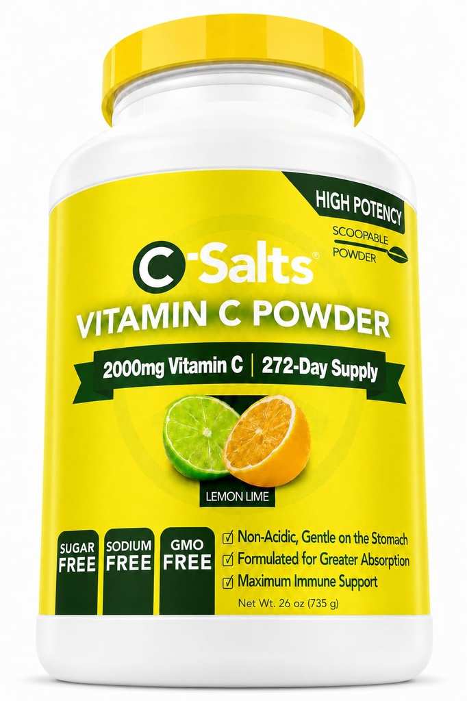 C-Salts Vitamin C Powder Supplement - 100% Pure High Dose Buffered Vitamin C Powder for Immune Support - Βιολογική, Χωρίς ζάχαρη, Vegan, Non-GMO, Στομάχι-Φιλική, Λεμόνι Lime 26oz