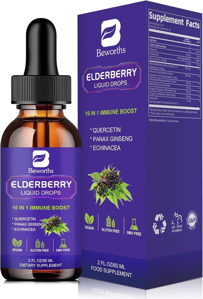 Elderberry Syrup | Quercetin Black Elderberry Liquid Drop with Quercetin, Panax Ginseng for Immune Support | Sambucus Elderberry with Vitamin C and Zinc, D3 | Vegan | Non-GMO | Original