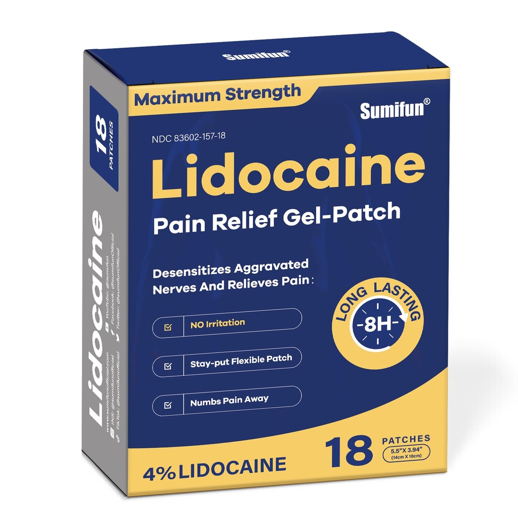 Sumifun 4% Lidocaine Pain Relief Patches - OTC Maximum Strength – Flexible & Long-Lasting, 18-Count Lidocaine Patches for Back, Neck, Muscle, Joint Pain - Unscented Pain Patch