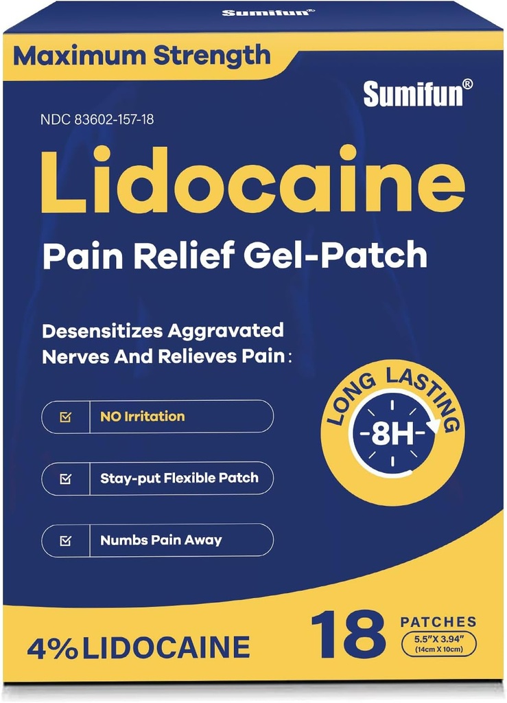 Sumifun 4% Lidocaine Pain Relief Patches - OTC Maximum Strength – Flexible & Long-Lasting, 18-Count Lidocaine Patches for Back, Neck, Muscle, Joint Pain - Unscented Pain Patch