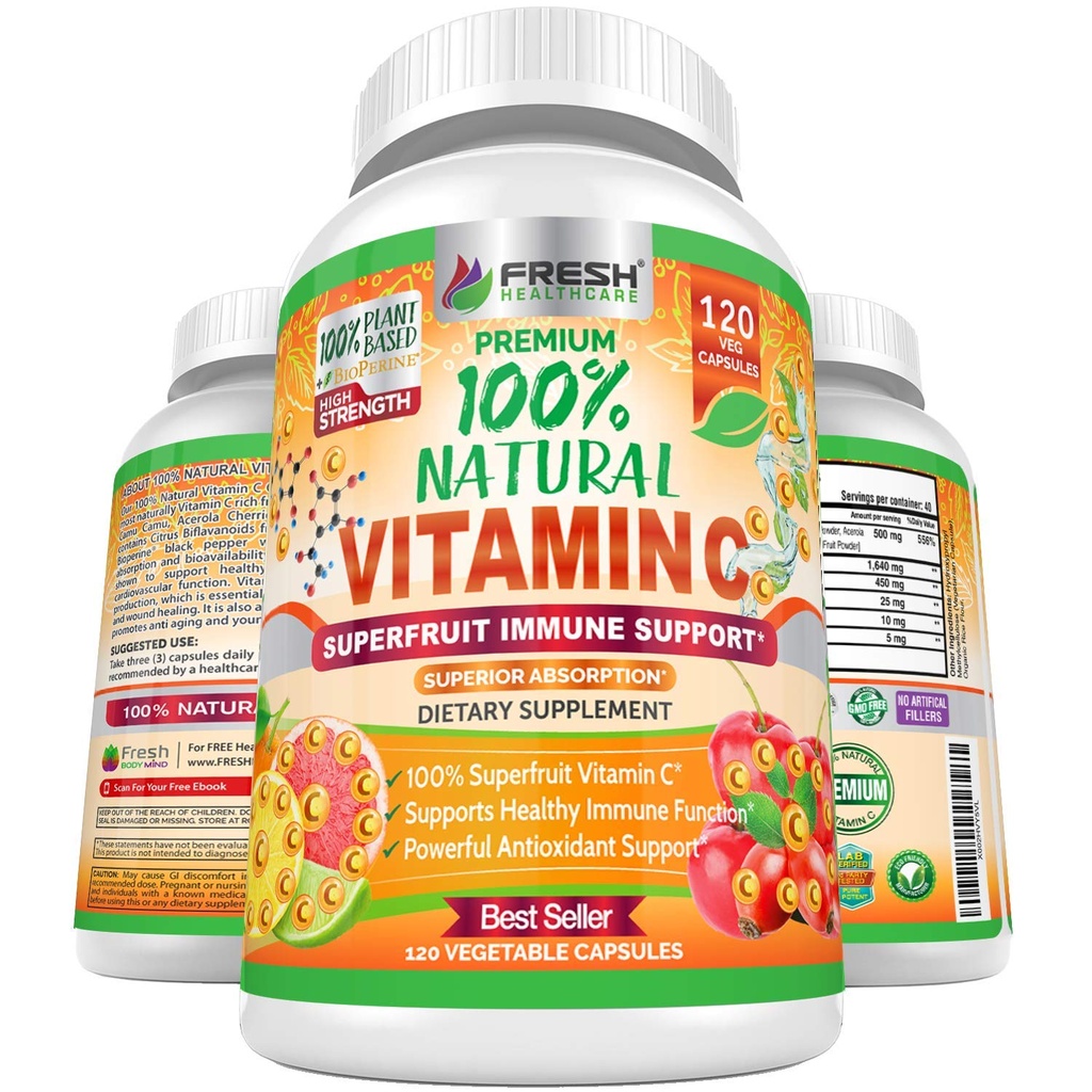 Φρέσκα Healthcare 100% Φυσική Βιταμίνη C - 500mg από Rose HIPS, Acerola Cherry & Camu Camu - Υψηλή Απορρόφηση Ανοσολογική Υποστήριξη, Δέρμα, Κοινή & Collagen Booster με Εσπεριδοειδή Μπιφλαβονοειδή - 120 Κάψουλες