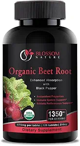 Organic Beet Root Powder 1350mg with Black Pepper-Nitric Oxide Booster, Digestive System, Athletic Performance-120 Tablets,675mg of Organic Beet Powder per Tablet