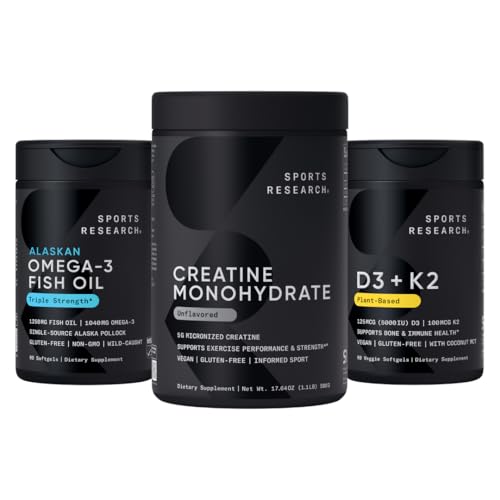 Sports Research Triple Strength Omega 3 Fish Oil - Burpless Fish Oil Supplement w/EPA & DHA Λιπαρά Οξέα, Creatine Monohydrate & Plant Based Vitamin D3 K2 with Coconut Oil