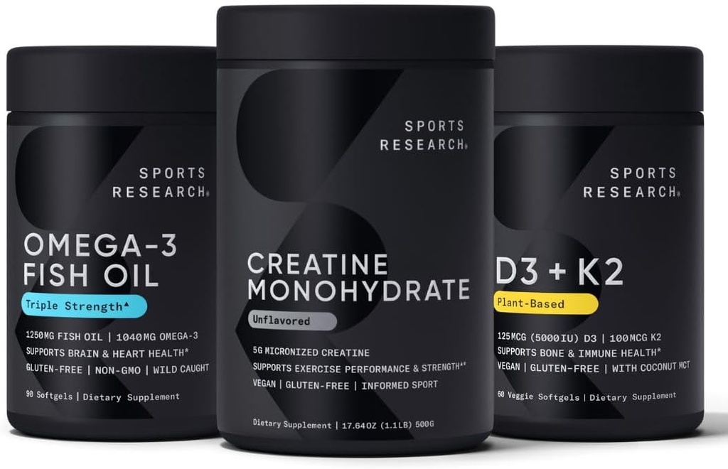 Sports Research Triple Strength Omega 3 Fish Oil - Burpless Fish Oil Supplement w/EPA & DHA Λιπαρά Οξέα, Creatine Monohydrate & Plant Based Vitamin D3 K2 with Coconut Oil