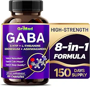 GriMed GABA 16,280mg - X15 Power with 5-HTP, L-Theanine, Magnesium, Ashwagandha - Relax & Restore, Support Sleep Well - Made in USA (150 Count (Pack of 1))